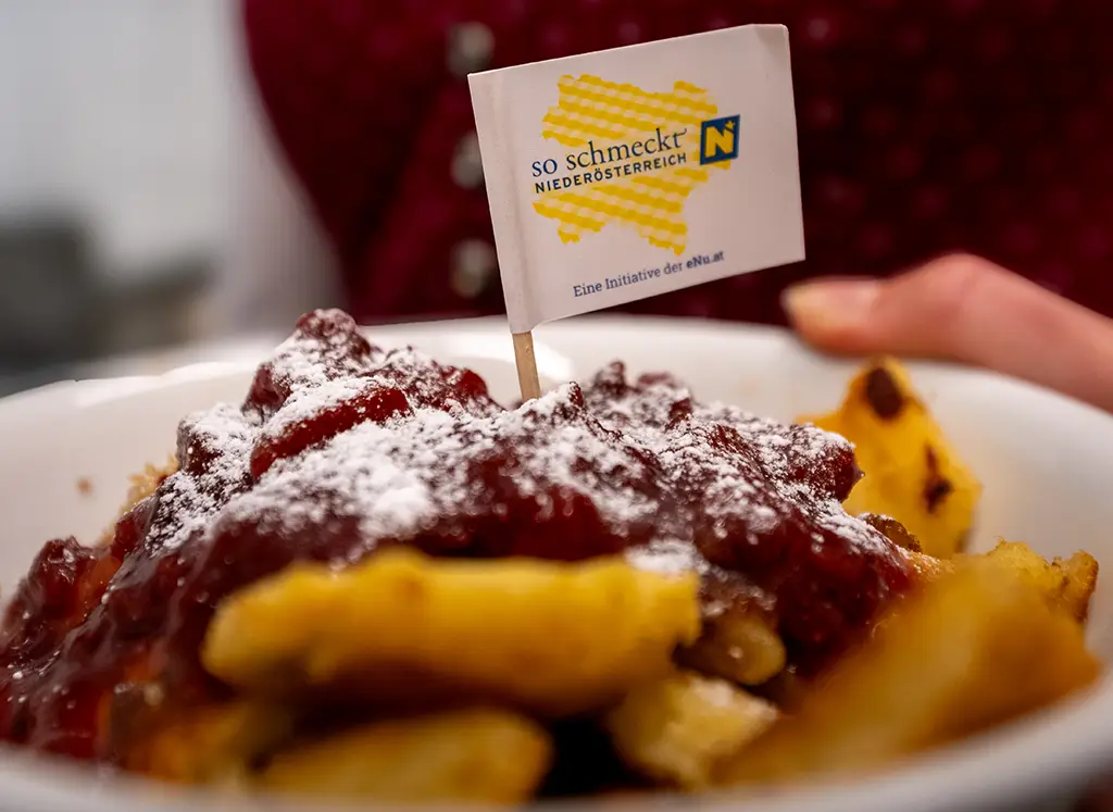 Fahne mit Aufschrift "So schmeckt Niederösterreich" in einem leckeren Gericht